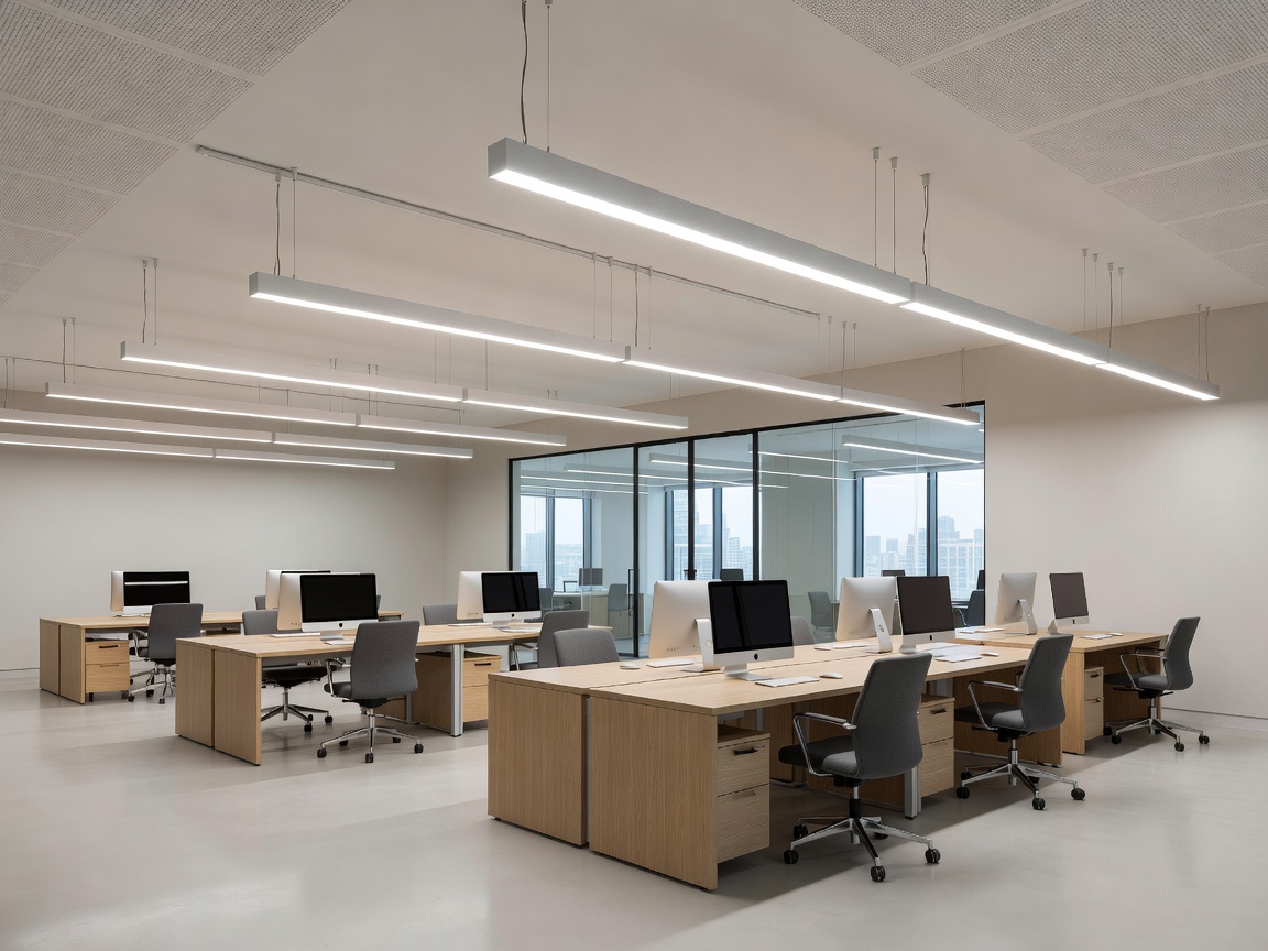 Bright modern open plan office space with suspended LED troffers
