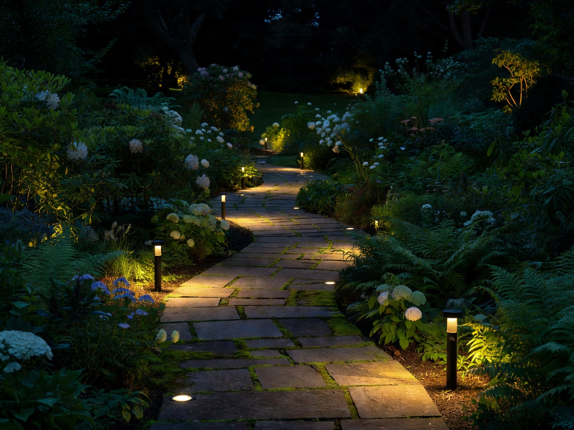 Illuminated garden path at night with low voltage fixtures